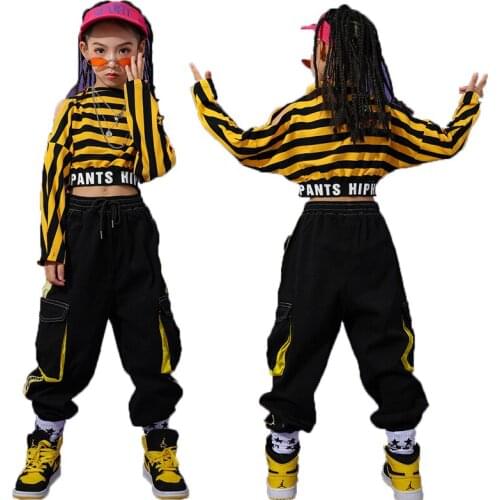 Girls Jazz Dance Costumes Stripe Hiphop Street Dance Practice Wear Stage Performance Clothing Kids Carnival Rave Outfits