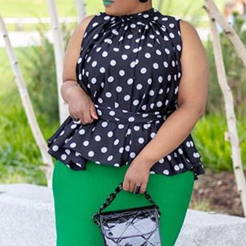 Summer sleeveless women tank tops plus size Lace-Up ruffle dots Vintage elegant office lady work wear african falbaba blousa