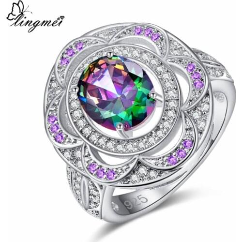 Lingmei Attractive Luxury Wedding Rings Gorgeous Cluster Zircon Silver ColorRing for Women Size 6-9 Cocktail Birthstone