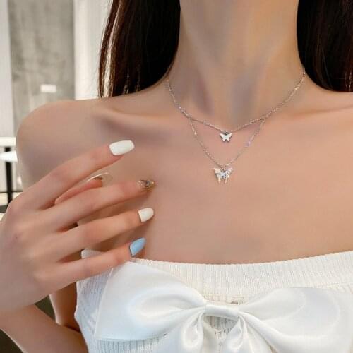 Delicate Zircon Butterfly Necklace for Women Silver Color Link Chain Aesthetic Korean Sweet Double Layers Choker Girl Jewelry