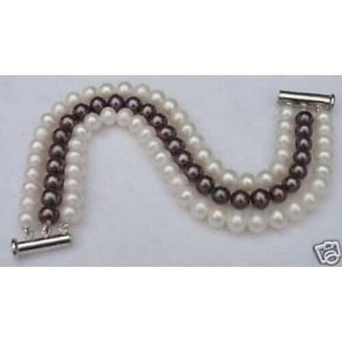 New hot Elegant fashion 3 rows 7-8mm white & black pearl bracelet 7.5 "