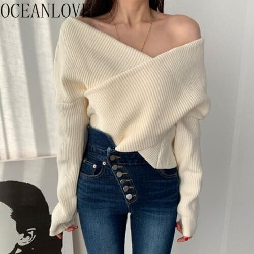 OCEANLOVE Slash Neck Koean Chic Autumn Winter Pull Femme Vintage Solid Sweaters Women Tops Retro 2021 Fashion Pullovers