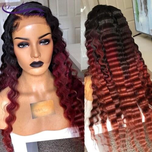 Deep Wave Human Hair Wigs 13x4 Lace Frontal Wig Omber 99J Red Burgundy Colored Wigs For Women Peruvian Remy Hair Dream Beauty