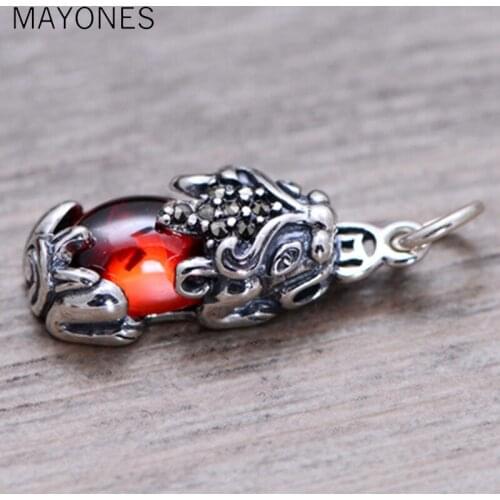 MAYONES 925 Silver Pixiu Pendant S925 Solid Thai Silver Synthetic Garnet Pendants for Women Jewelry Making