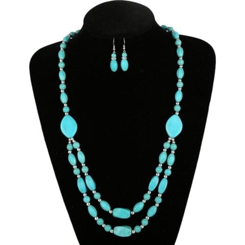 Silver Plated Stackable Layer Pendant Green Turquoises Stone Necklace Earrings Charm Jewelry Sets