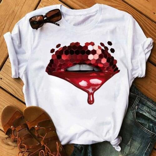 24 Styles Diamond Red Lip Printing Casual Creative Jumpsuit Womens Round Neck Short-sleeved T-shirt Loose Top Oversized T-shirt
