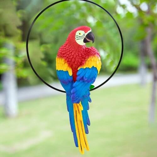 Hand Painted Red Yellow Blue Resin Parrot On Iron Circle Frame Garden Decor Hanging Ornament