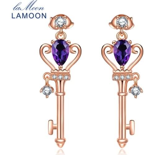 LAMOON Crown Key Stud Earring 6x4mm 0.4ct Natural Teardrop Amethyst 925 sterling-silver-jewelry S925 LMEI045