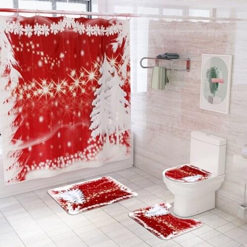 Christmas Tree Pattern Bathroom Curtains Set Waterproof Polyester Red Shower Curtain Toilet Cover Mat Non Slip Rug Bathtub Decor