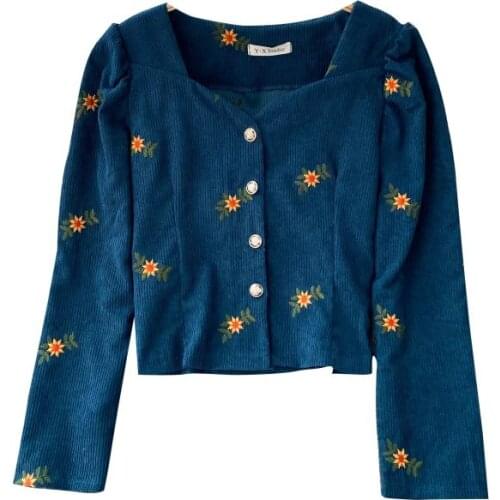 WIGADFHK Autumn Womens Fashion Floral Retro Embroidered Top Long Sleeve Single Breasted Blouse Blusas Chic Top