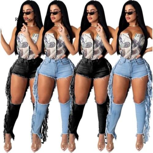 Women Ripped Jeans Hole High Waist Cut Out Hole Tassel Splicing Jeans Trousers Vintage Stretch Flare Denim Pants