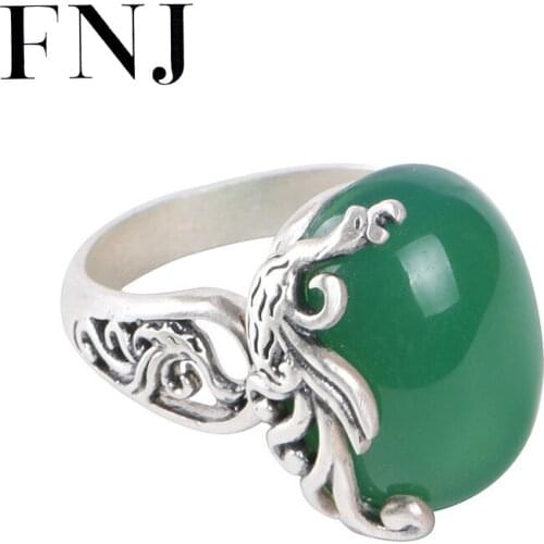 FNJ Green Chalcedony Ring 990 Silver New Original S990 Sterling Silver Rings for Women Jewelry Adjustable size Phoenix