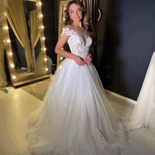 Eightree Princess Wedding Dresses Beach Deep V-neck White Bridal Dress Tulle A-Line Appliques Long Sleeve Wedding Gown Plus Size