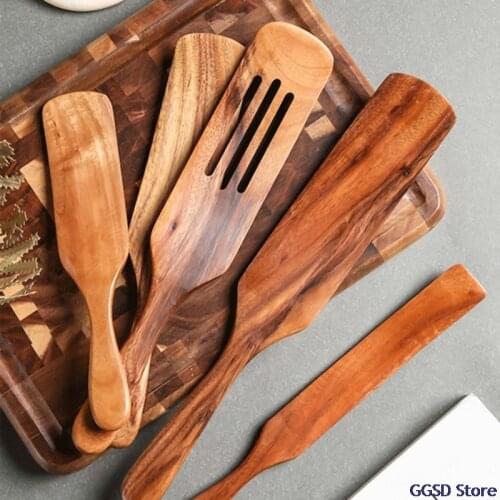 5pcs/set Wooden Spatula Kitchen Cooking Utensils for Food Stirring Drain Spatula Sauce Omelette Spatula Non-stick Frying Shovel
