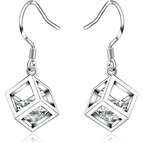 925 Sterling Silver Cube Square AAA Zircon Luxury Brand Women Earring Charm Jewelry Gift