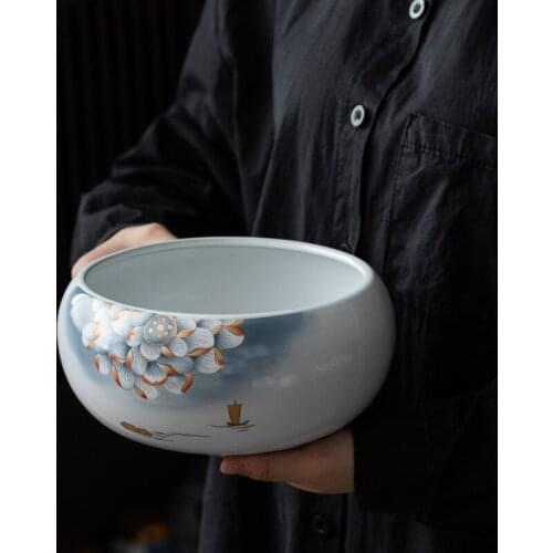 Azure rui he Large Ceramic Tea Wash Cup Wash Writing-Brush Washer Tea Residue Barrel Tea Basin Kung Fu Tea Ceremony Utensil