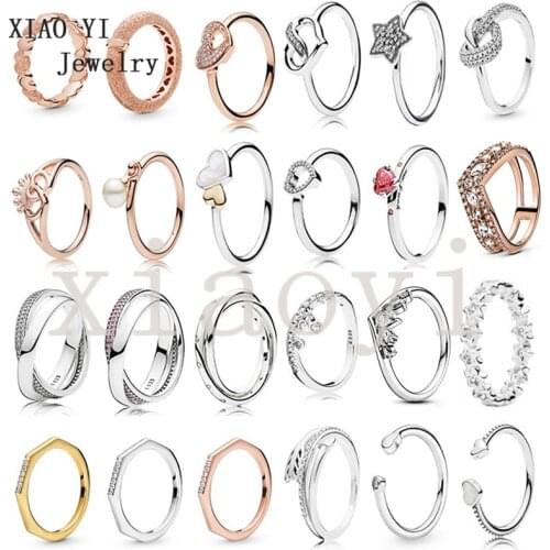 XIAOYI 2020 New 100% S925 Classic geometric zircon interwoven cartoon feather crown water drop ring wholesale wededing female