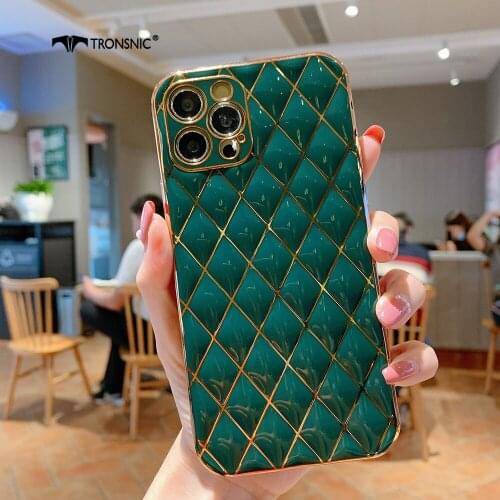 Electroplated Plaid Green Phone Case for iPhone 12 11 Pro Max XR Xs Max Soft Gold Glossy Luxury Cases for iPhone 7 8 Plus Covers