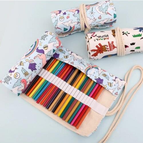 36/48 Holes Large Capacity Colored Pencil Case School Canvas Roll Pencils Box Storage Bag for School Office Pencil Organize