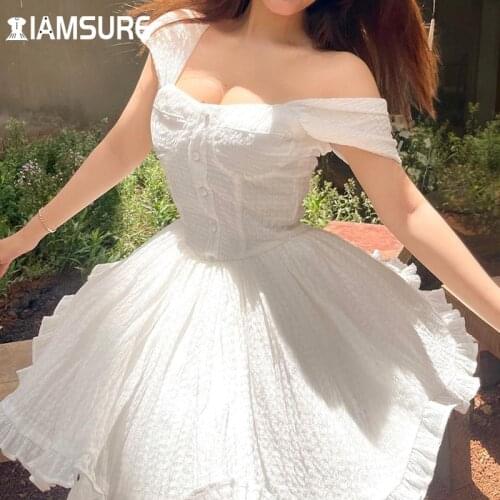 IAMSURE Vintage Slim Summer Dreess Sexy Square Collar Sort Sleeve White Mini Dresses For Women 2021 Fashion Casual Streetwear