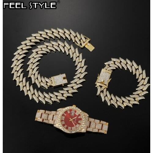 19MM 3PCS KIT Watch+Necklace+Bracelet Bling Thorns Cuban Link Chains AAA+ Iced Out Alloy Rhinestones For Men Women Jewelry