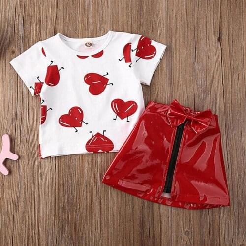Girls Clothing Sets 2020 Summer Kids Clothes Floral Love print shirt short sleeve+red bow leather skirt Baby Children Clothing