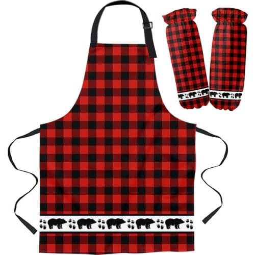 Red And Black Plaid Forest Animals Bears Kitchen Apron Baking Accessories Sleeveless Aprons for Men Women Home Cleaning Tools