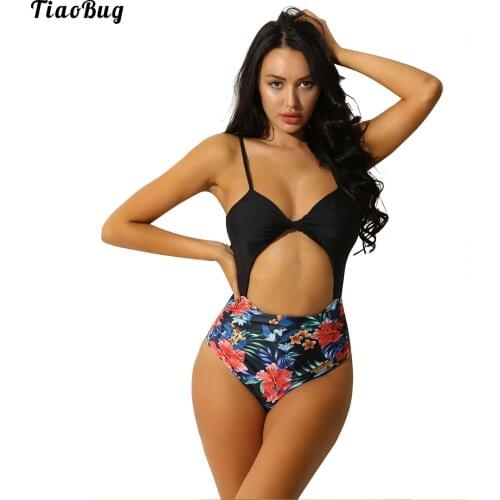 TiaoBug Summer Women Floral Print One-Piece Swimming Bodysuit Sleeveless Halter Cutout Deep V Neck High Waist Swimwear