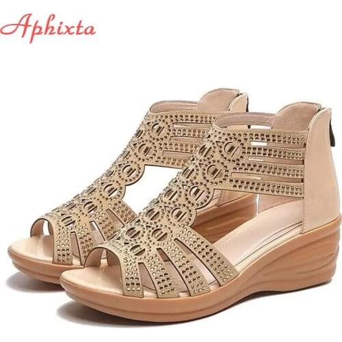 Aphixta 2021 Summer Air Breathable Platform Wedges Heels Boots Crystals Zipper 6cm Thick Sole Women Height Increasing Sandals