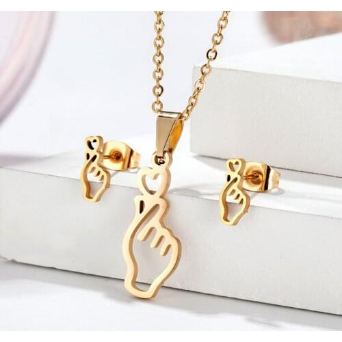 Fashion Heart Finger Earrings Hand Necklace Pendant For Women Fashion Stainless Steel Jewelry Set Show Your Love Heart ear rings
