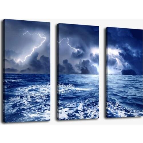 Wall Art Canvas Prints Sea Wave Print on Canvas - Dark Blue Seascape Canvas Art Storm Lightning Ocean Art Painting Pictures Art