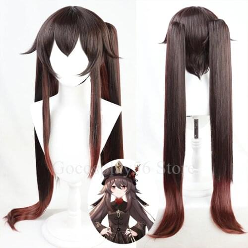 Genshin Impact HUTAO Cosplay Wig Gradient Brown 100CM Long Ponytails Base Wig Twin Pigtails Heat Resistant Hair Role Play