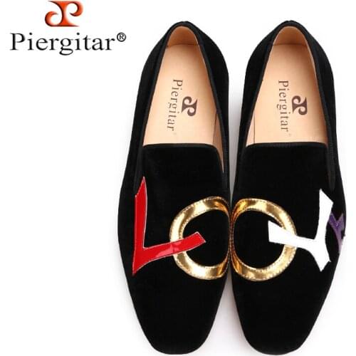 Piergitar 2019 handmade black velvet shoes with LOVE Letters design Fashion party and wedding men loafers plus size mens flats