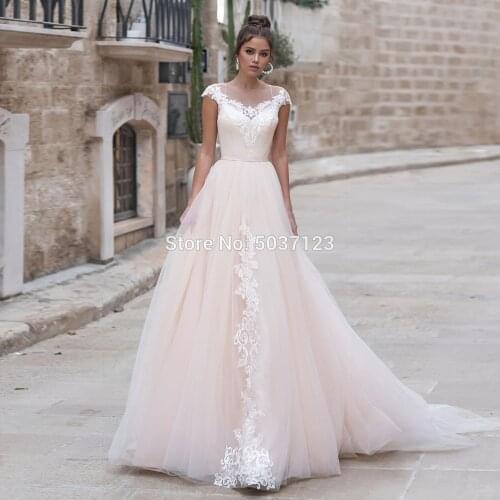 Romantic Pink A Line Wedding Dresses with Cap Sleeves Lace Appliques Scoop Neck Long Pleated Bridal Gown Robe de Mariee 2020