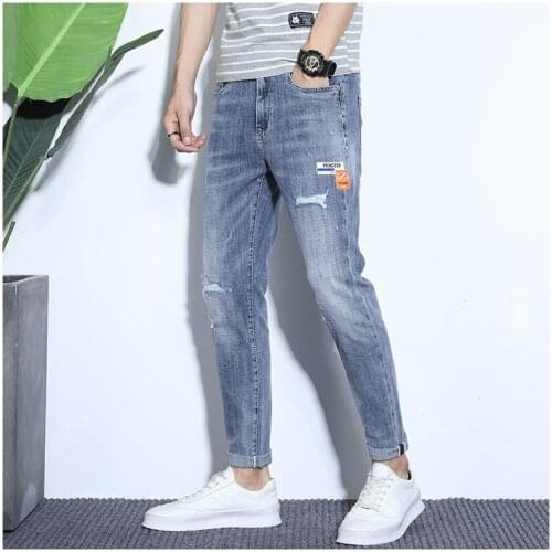 Ripped denim jeans 2021 summer thin elastic spring street mens students casual pants Slim feet summer trousers