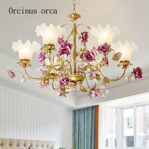 Garden flower lamp American country chandelier iron art new living room lamp dining room lamp bedroom lamp rose lamp