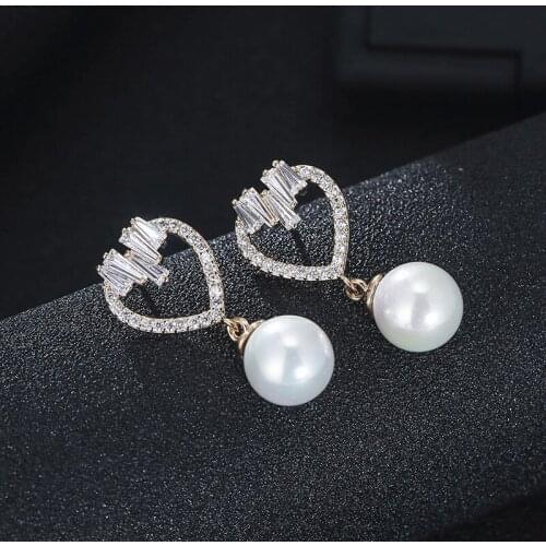 DE373 Fashion Delicacy Elegant Street Snap Zircon Heart Imitation pearl Earrings Gift Party Banquet WOMENS Jewelry Earrings