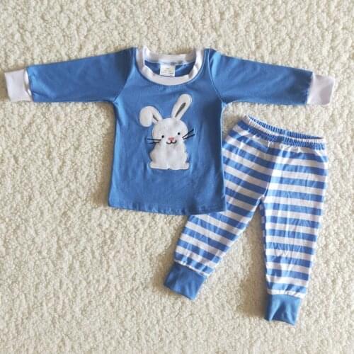 Kids clothing boys boutiques blue cotton shirt with bunny embroidery and stripe pants outfit pajamas for Easter