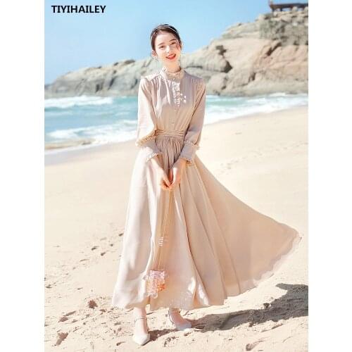 TIYIHAILEY Free Shipping Boshow Autumn Spring Chiffon Long Maxi S-L Beige Full Sleeve Dresses Bandage High Waist Stand Collar