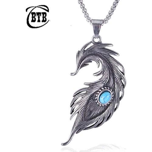 Vintage Turquoise Feather Pendant Stainless Steel Mens Necklace Fashion Accessories Domineering Personality Hip Hop Jewelry