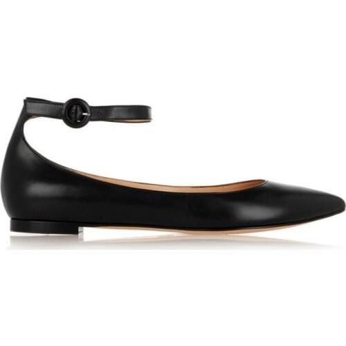 Japanese Style Fashion Genuine Leather Women Sandals Luxury Summer Black Ankle Strap Flat Shoes Lady Pointed Toe Office Sandals