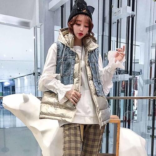 Bright Color Denim Stitching Short Vest Women Hooded Down Cotton Vest Coat Autumn Winter Loose Vests Warm Waistcoat Jacket
