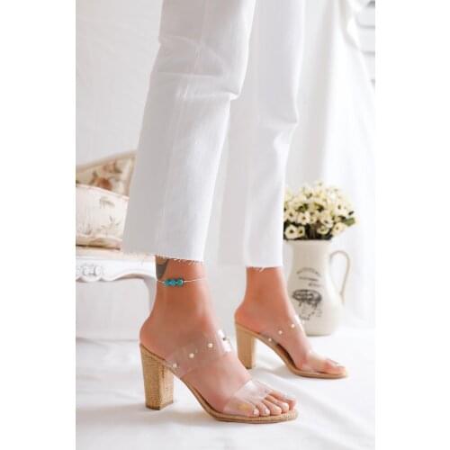 Limoya Women Beige Transparent Double Banded Stone Detailed Wire Mesh Heels Slippers 'Turkish' Quality 2021 Fashion Design Season Comfort Fast S