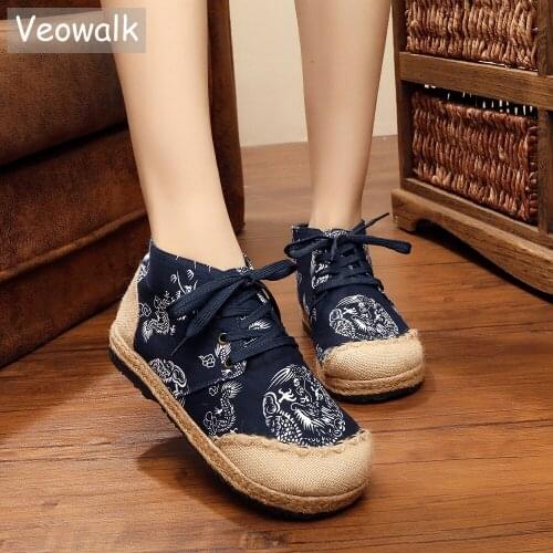 Veowalk Autumn Women Linen Cotton Fabric Short Ankle Flat Boots Casual Comfortable Espadrilles Booties Mid Top Lace Up Shoes