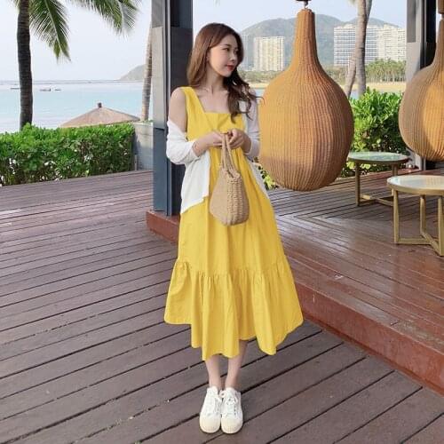 Large Size Summer Women Loose Solid Robe Dresses Cotton Sunscreen Vest Dress Two Piece Suit Yellow Green Casual Square Collar