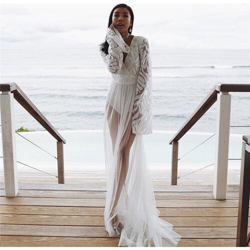 2019 Womens Summer Embroidery Lace Bikini Cover Up Long Sleeve 2 Pieces Set Swimsuit Maxi Dress Elegant Mesh Beach Bathing Suit