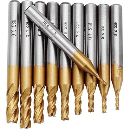 10pcs Titanium Coating 1.5-6.0mm HSS 4 Flute End Mill Cutter 6mm Shank CNC Drill Bits