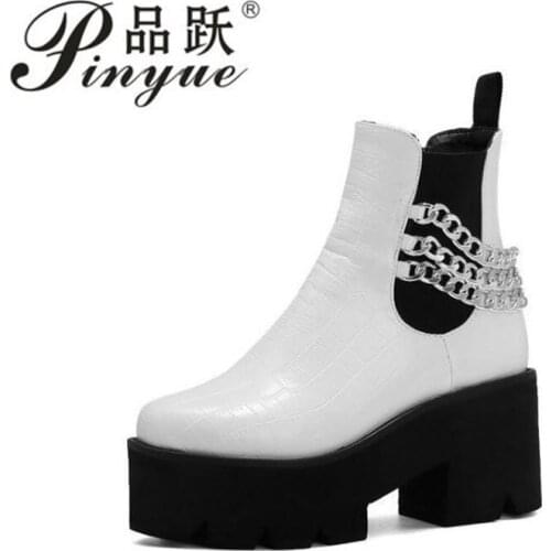 Patent Leather Chelsea Boots Black Boots Women Heel Sexy Chain Chunky Heel Platform Boots Female Punk Style Ankle Boots Zipper