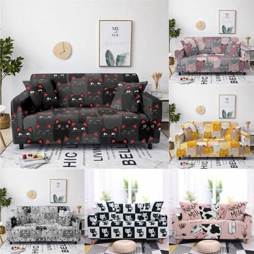New Cartoon Cute Cats Cow Sofa Cover For Living Room Chair Sofa 1/2/3/4 Seater Elastic Slipcovers Stretch All Corners Sofa Case