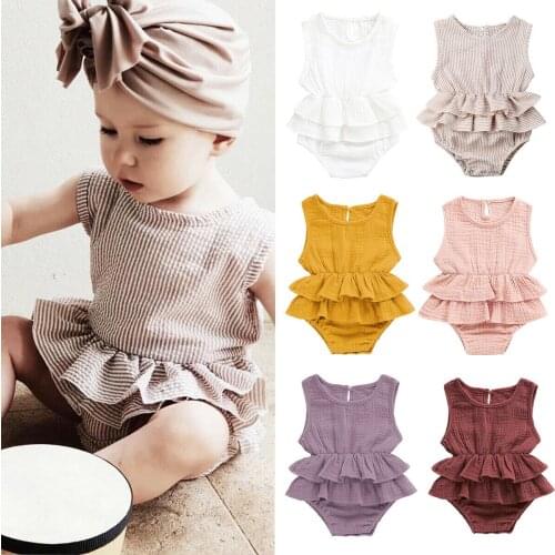 Pudcoco Baby Summer Clothing Infant Baby Girl Sleeveless Romper Cotton Linen Ruffled One-Piece Jumpsuit Playsuit Outfits 0-24M